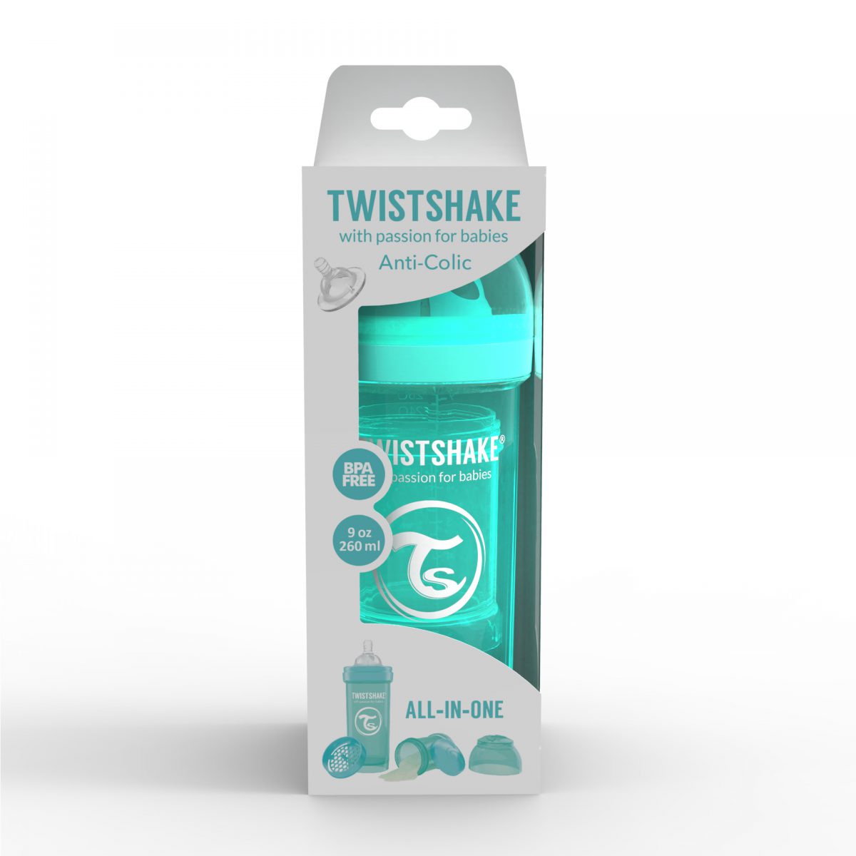 شیشه شیر طلقی 260 میلی لیتر تویست شیک فیروزه ای«Twistshake»